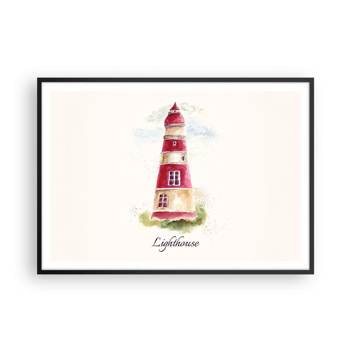 Affiche dans un cadre noir - Poster - Une aquarelle représentant un phare sur fond clair avec une inscription - 100x70cm - Il y a toujours beau temps autour - Décoration murale moderne pour le salon et la chambre ARTTOR