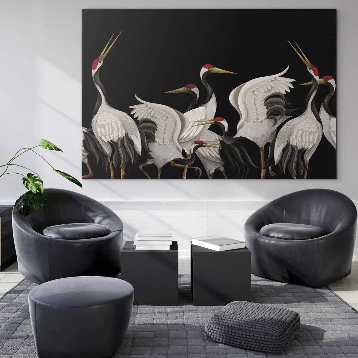Impression sur verre - Image sur verre - Grues blanches à têtes rouges sur fond noir - 70x50cm - Histoire d'oiseaux - Décoration murale moderne pour le salon et la chambre ARTTOR