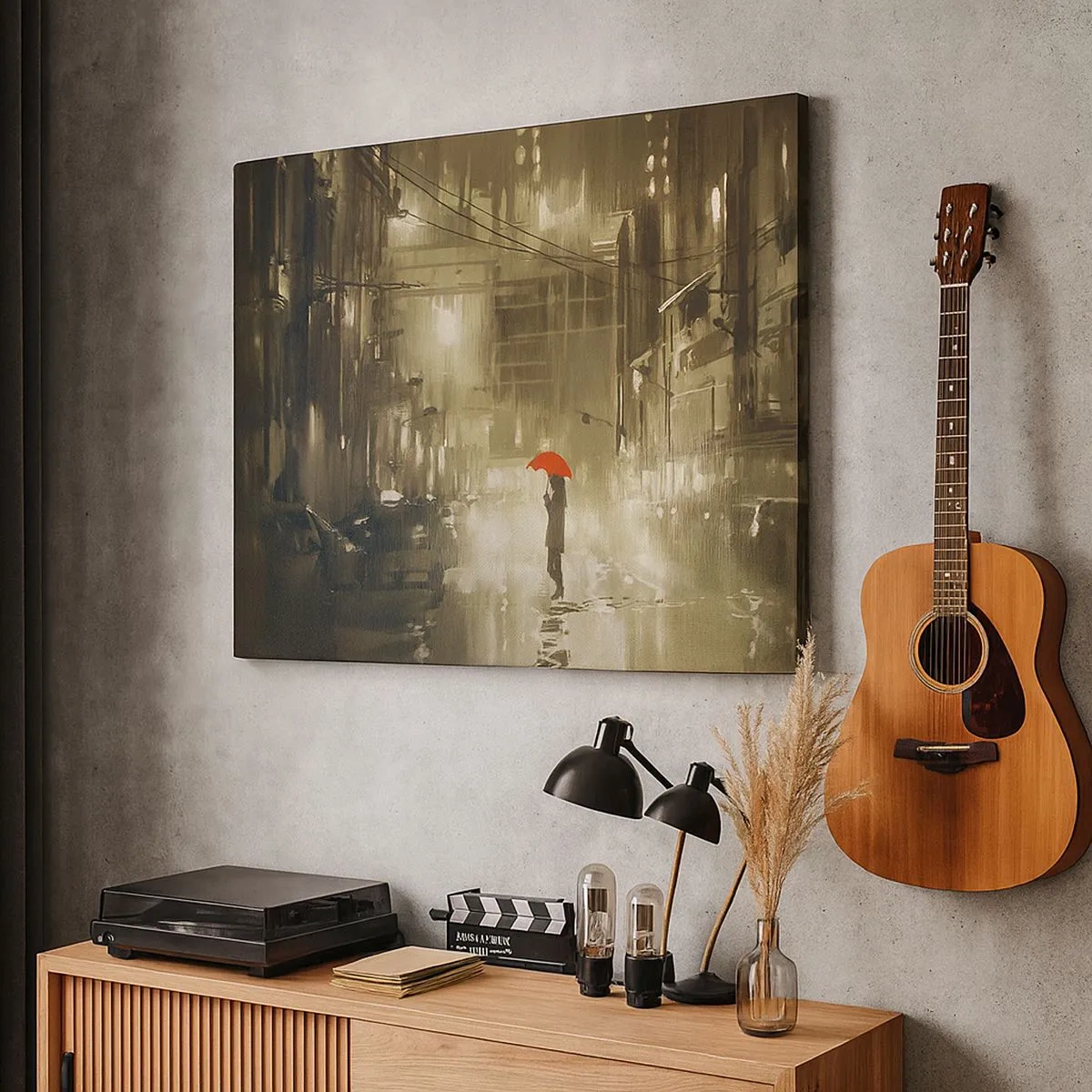 Impression sur toile - Image sur toile - Une silhouette avec un parapluie rouge dans une ville pluvieuse - 70x50cm - Seule mais pas solitaire - Décoration murale moderne pour le salon et la chambre ARTTOR