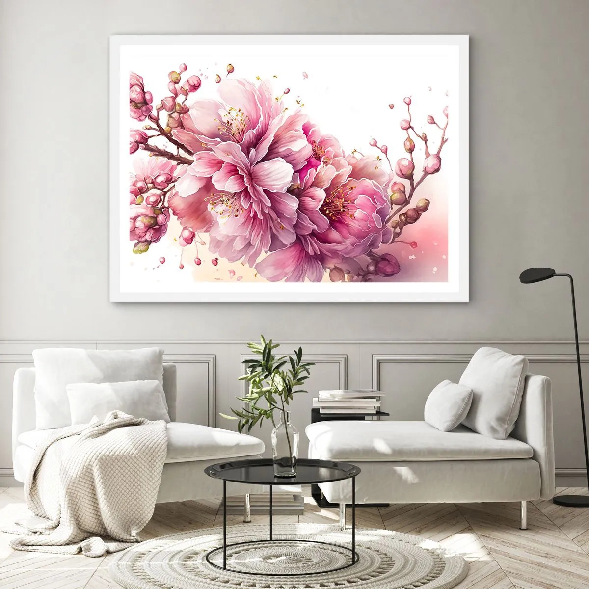Affiche dans un cadre blanc - Poster - Fleur florissante de cerisier - 91x61 cm