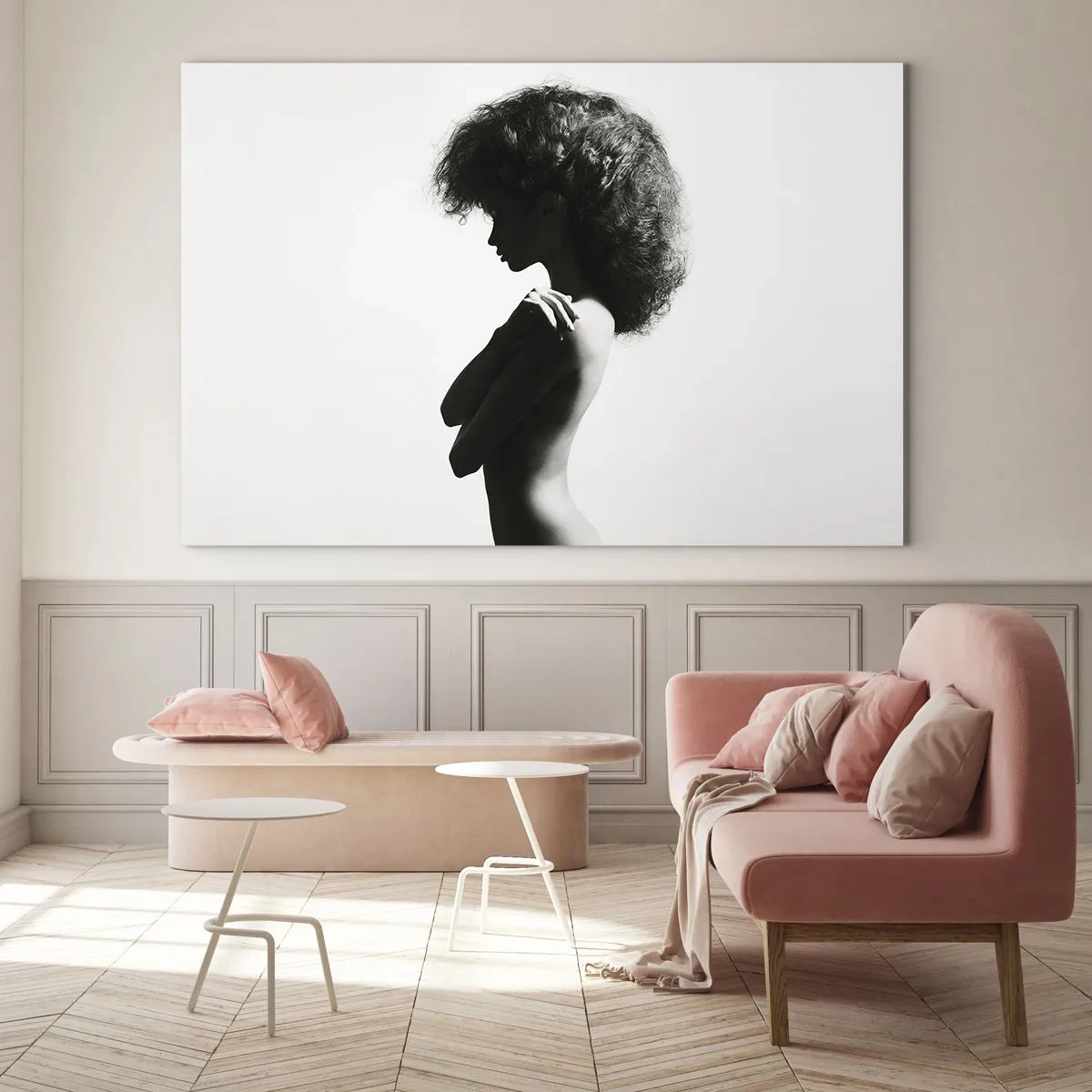 Impression sur verre - Image sur verre - Nu féminin dans une lumière contrastée en noir et blanc - 120x80cm - Comme une fleur au bout d'une fine tige - Décoration murale moderne pour le salon et la chambre ARTTOR