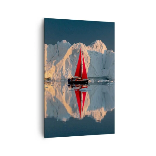 Impression sur toile - Image sur toile - Un voilier avec une voile rouge sur fond de glacier - 80x120cm - Aux limites du monde - Décoration murale moderne pour le salon et la chambre ARTTOR