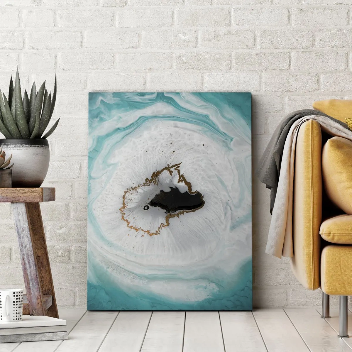 Impression sur toile - Image sur toile - Motif de géode abstrait dans des tons de turquoise, blanc et or - 80x120cm - Pénétrer à l'intérieur - Décoration murale moderne pour le salon et la chambre ARTTOR