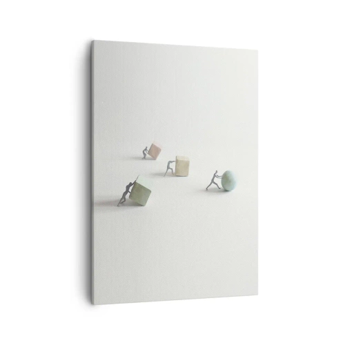 Impression sur toile - Image sur toile - Figurines miniatures poussant des formes sur un fond clair - 50x70cm - Rien que la vie - Décoration murale moderne pour le salon et la chambre ARTTOR