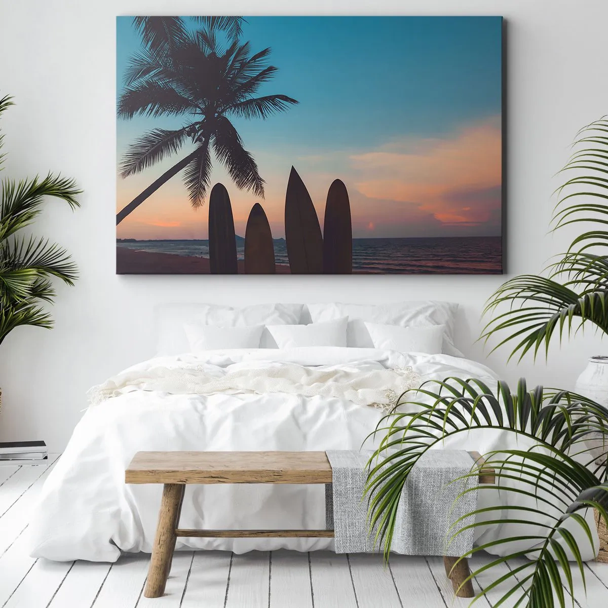 Impression sur toile - Image sur toile - Planches de surf sur fond de palmier et de coucher de soleil - 100x70cm - Demain sera amusant aussi - Décoration murale moderne pour le salon et la chambre ARTTOR