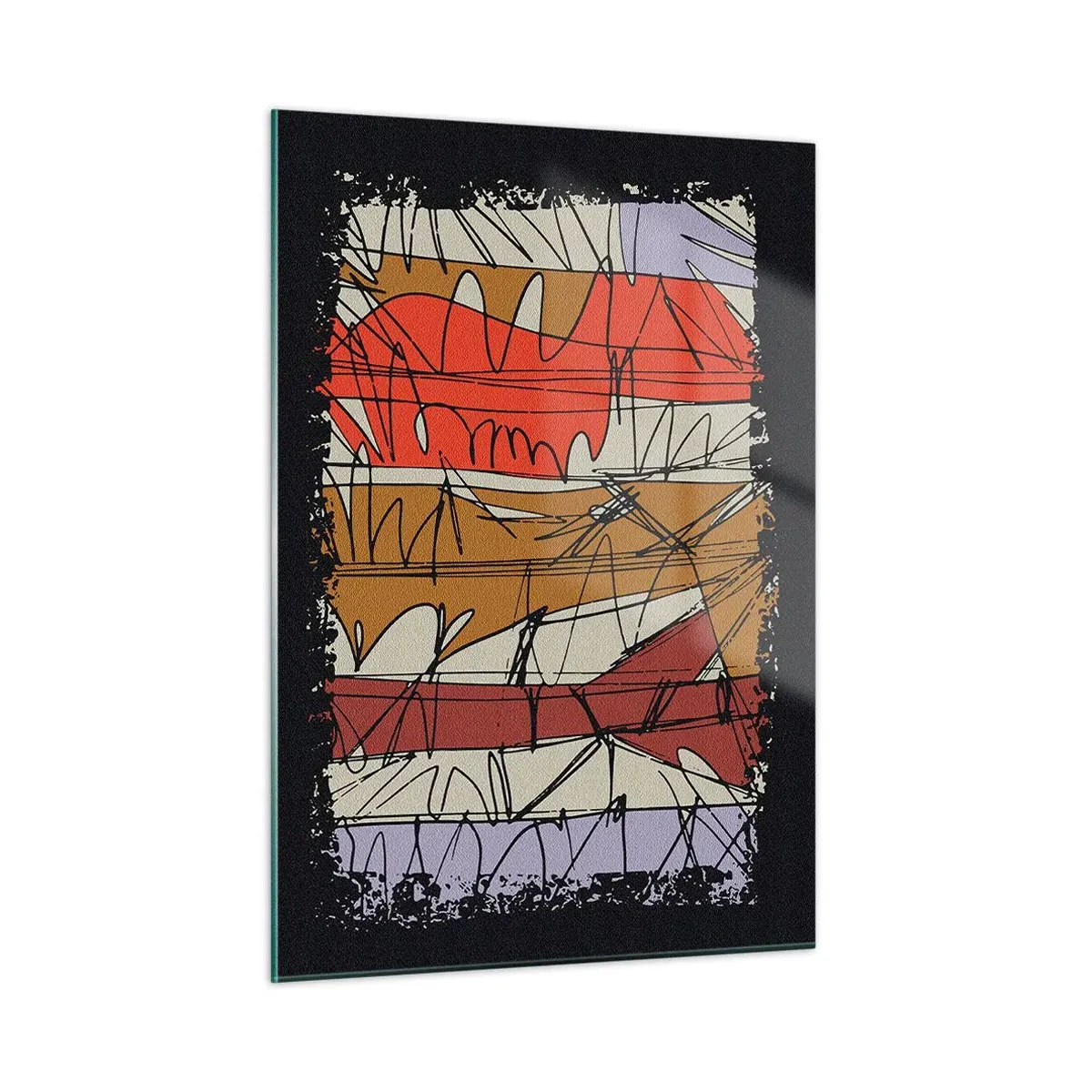 Impression sur verre - Image sur verre - Abstraction graphique avec des rayures colorées et des lignes noires - 50x70cm - Composition spontanée - Décoration murale moderne pour le salon et la chambre ARTTOR