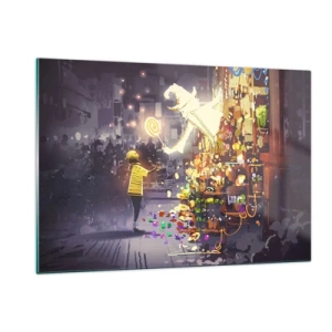 Impression sur verre - Image sur verre - Un enfant en t-shirt léger devant un stand lumineux rempli de bonbons colorés - 120x80cm - La magie existe - Décoration murale moderne pour le salon et la chambre ARTTOR