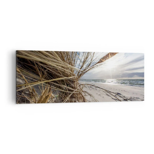 Impression sur toile - Image sur toile - Une plage avec de l'herbe sèche sur les dunes et une vue sur la mer - 140x50cm - Rencontre des éléments - Décoration murale moderne pour le salon et la chambre ARTTOR