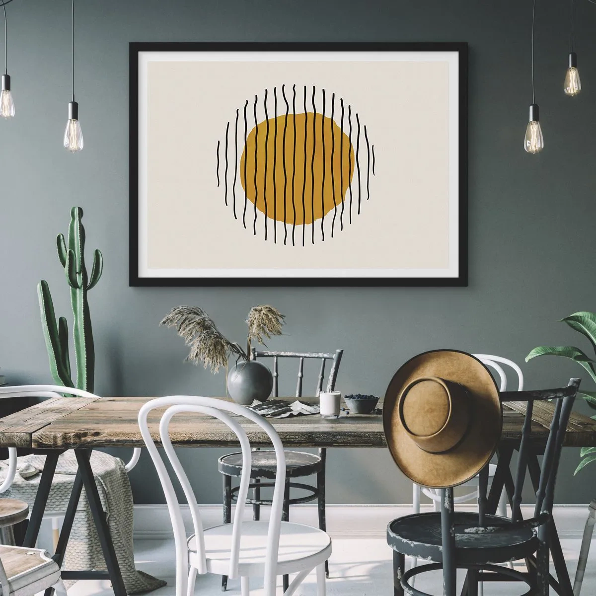 Affiche dans un cadre noir - Poster - Un motif minimaliste avec un cercle jaune et des lignes noires. - 100x70cm - Abstraction tremblante de chaleur - Décoration murale moderne pour le salon et la chambre ARTTOR