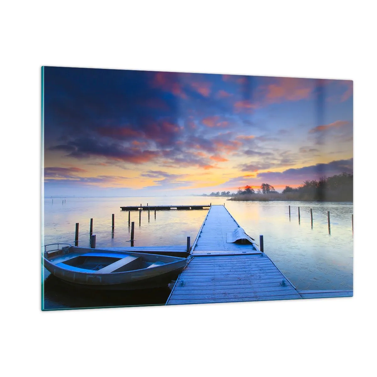 Impression sur verre - Image sur verre - Une jetée sur le lac à l'aube entourée d'une nature paisible - 120x80cm - Calme violet-doré - Décoration murale moderne pour le salon et la chambre ARTTOR