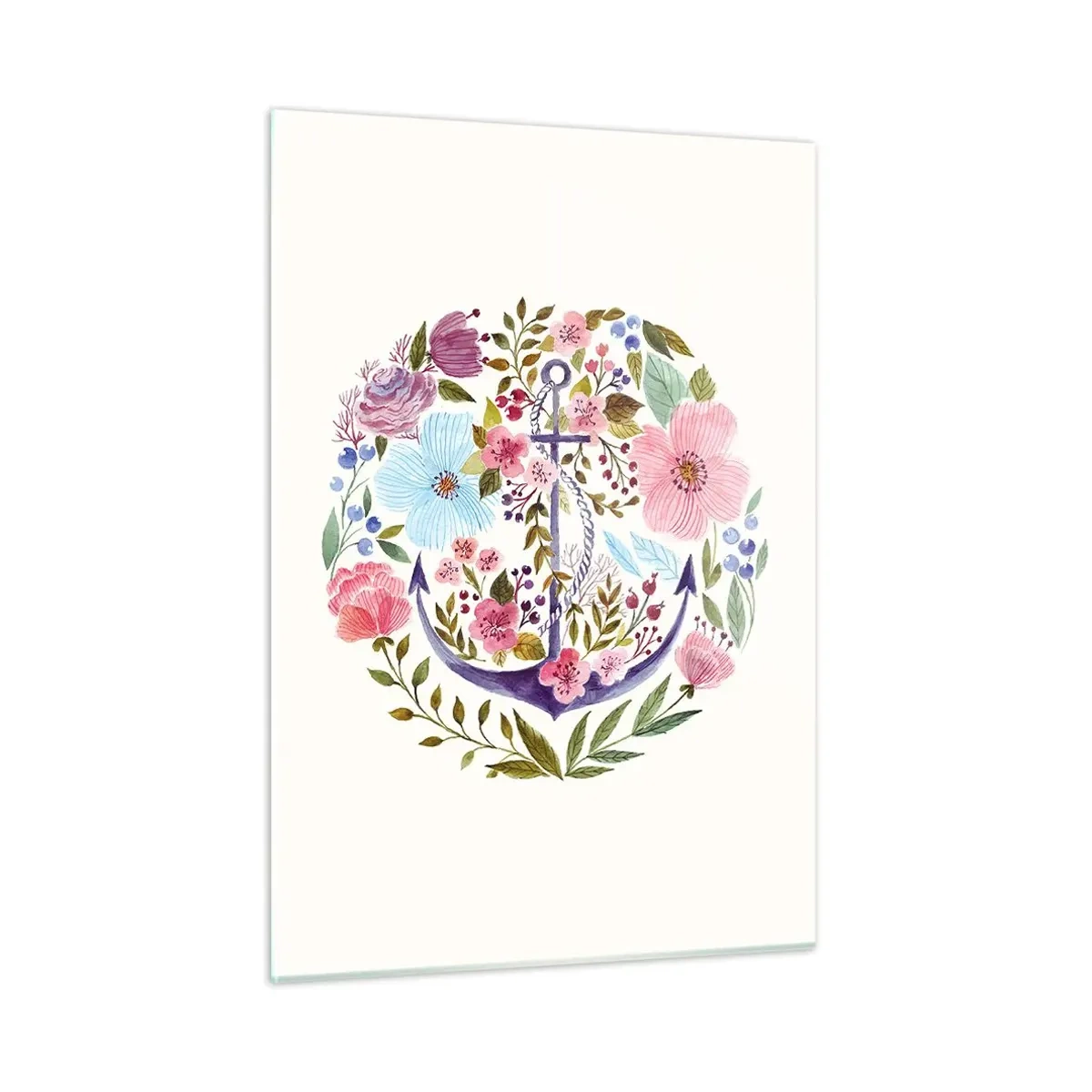 Impression sur verre - Image sur verre - Une ancre entourée de fleurs aquarelles colorées - 50x70cm - Le beau rêve du marin - Décoration murale moderne pour le salon et la chambre ARTTOR
