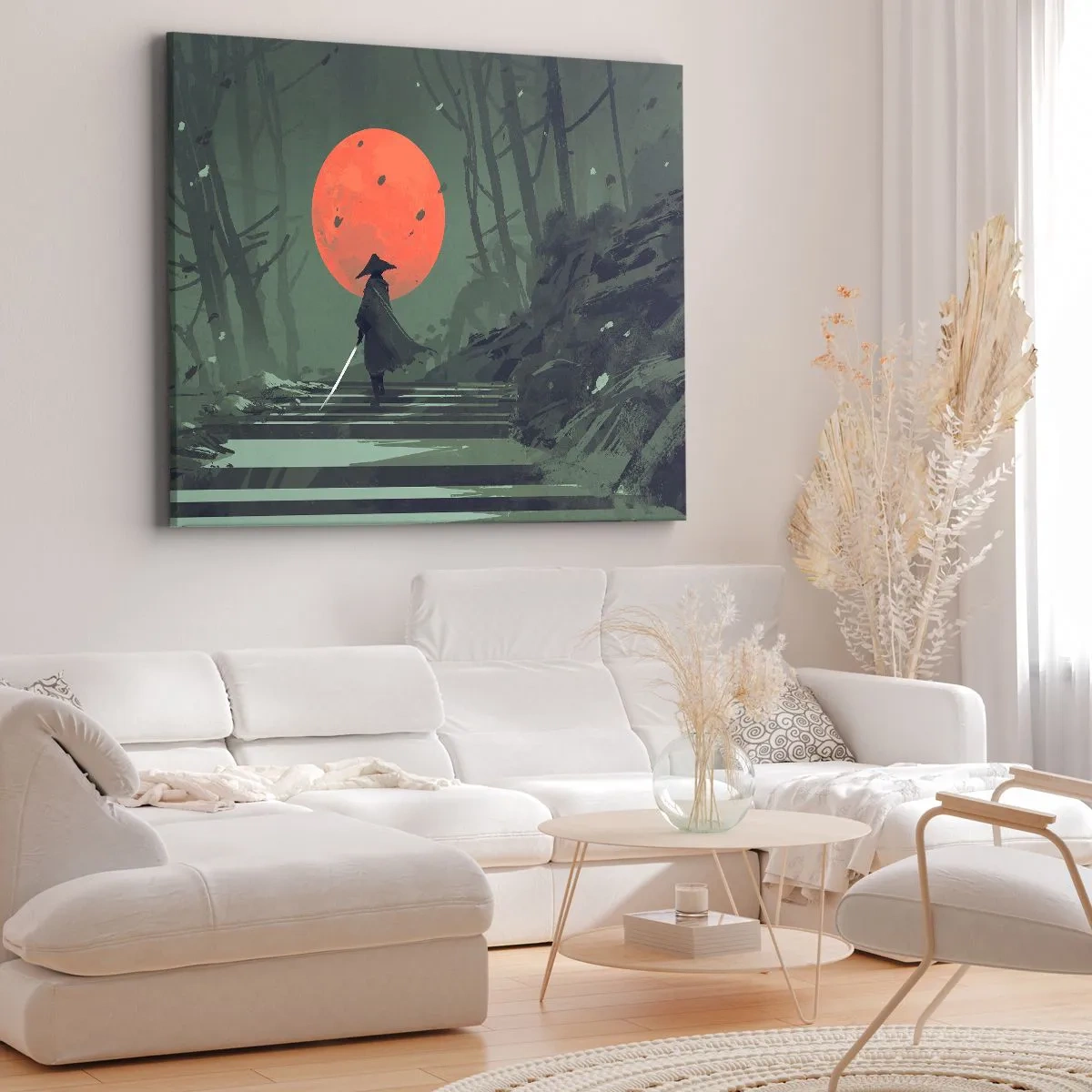 Impression sur toile - Image sur toile - Un guerrier solitaire avec une épée sur fond de lune rouge dans une forêt sombre. - 100x70cm - Guerrier de la lune rouge - Décoration murale moderne pour le salon et la chambre ARTTOR