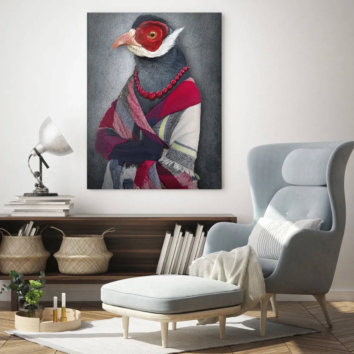 Impression sur verre - Image sur verre - Portraits stylisés d'un loup, d'un faisan et d'un lion en vêtements élégants - 80x120cm - Qu'est ce que je fais ici?! - Décoration murale moderne pour le salon et la chambre ARTTOR