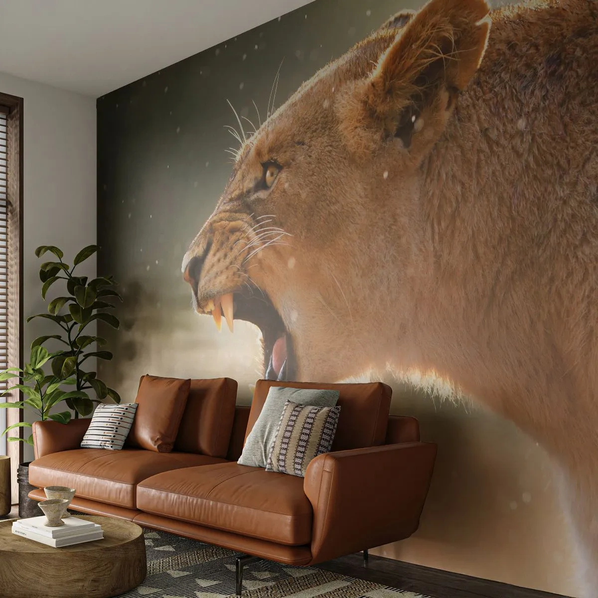 Papier Peint Photo Premium Sand - Gros plan d'une lionne rugissante à la lumière naturelle - 100x70cm - Essayez de ne pas écouter - Décoration murale moderne pour le salon et la chambre ARTTOR