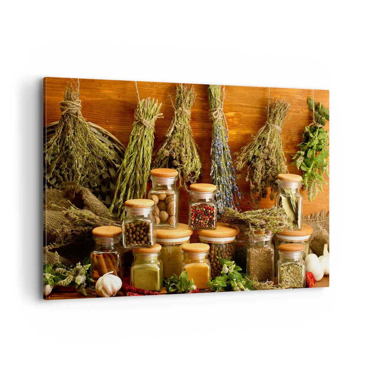 Impression sur toile - Image sur toile - Herbes et épices en pots sur fond rustique - 120x80cm - Sortilèges de cuisine - Décoration murale moderne pour le salon et la chambre ARTTOR