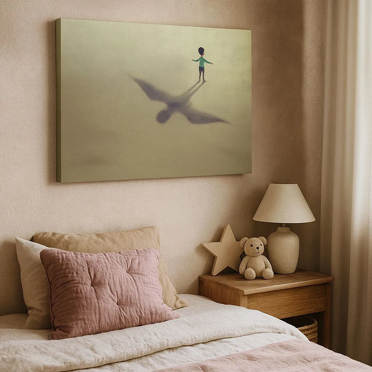Impression sur toile - Image sur toile - Une figure symbolique d'un enfant avec l'ombre d'un oiseau sur un fond aux tons chauds. - 70x50cm - Héros du futur - Décoration murale moderne pour le salon et la chambre ARTTOR