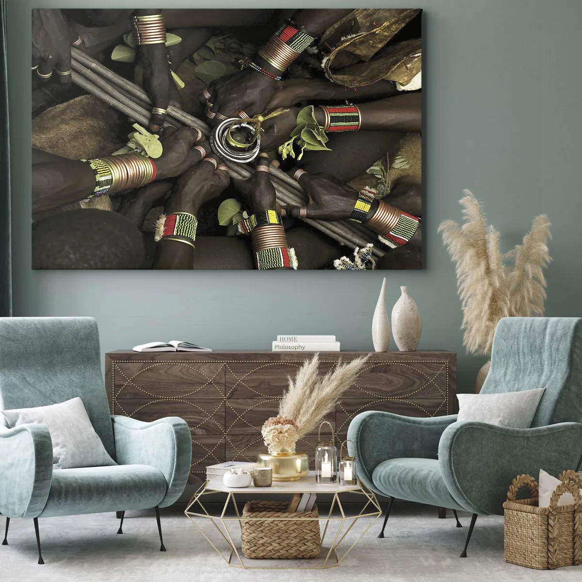 Impression sur toile - Image sur toile - Bracelets de main traditionnels dans un groupe de mains - 120x80cm - Nous sommes ensemble - Décoration murale moderne pour le salon et la chambre ARTTOR