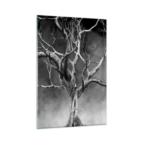 Impression sur verre - Image sur verre - Un arbre sec en noir et blanc contre le brouillard - 80x120cm - Primordial et sacré - Décoration murale moderne pour le salon et la chambre ARTTOR