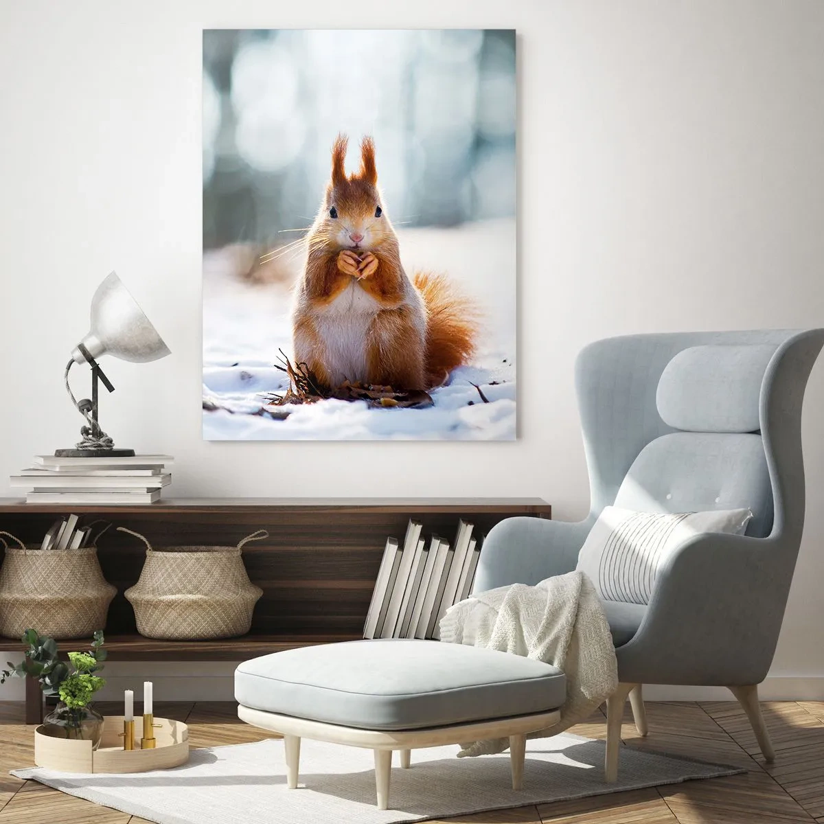 Impression sur verre - Image sur verre - Un écureuil dans un paysage hivernal - 80x120cm - Qu'est ce que tu regardes comme ça? - Décoration murale moderne pour le salon et la chambre ARTTOR