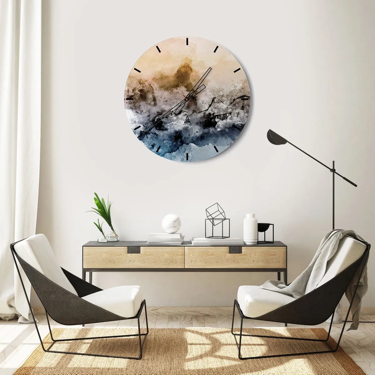 Horloge murale - Pendule murale - Un paysage abstrait dans des tons de brouillard, de marron et de bleu. - 30x30cm - Noyé dans un nuage de brouillard - Décoration murale moderne pour le salon, la cuisine et la chambre ARTTOR