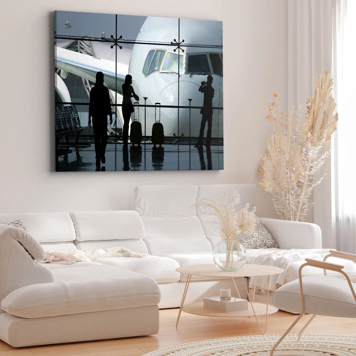 Impression sur toile - Image sur toile - Aéroport avec des silhouettes de personnes et une vue de l'avion - 100x70cm - Vis-à-vis de l'aéroport - Décoration murale moderne pour le salon et la chambre ARTTOR