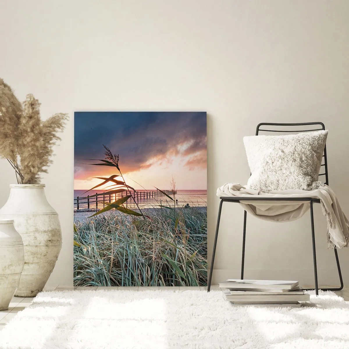 Impression sur verre - Image sur verre - Plage au coucher du soleil avec des herbes au premier plan - 70x100cm - Ça ne passe pas avec le vent - Décoration murale moderne pour le salon et la chambre ARTTOR