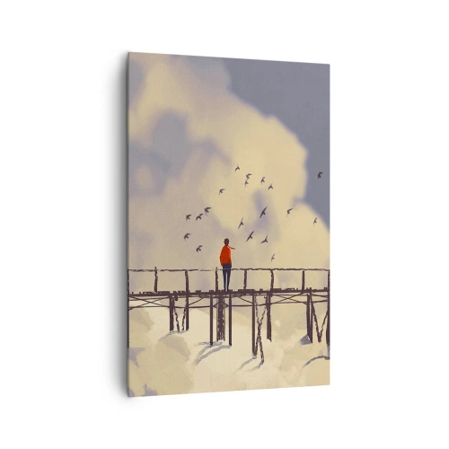 Impression sur toile - Image sur toile - Une silhouette sur un pont parmi les nuages avec des oiseaux dans le ciel - 80x120cm - Bleu nostalgie - Décoration murale moderne pour le salon et la chambre ARTTOR