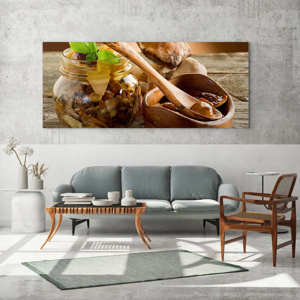 Impression sur verre - Image sur verre - Champignons naturels dans un bocal sur une table rustique - 160x50cm - Que ce soit frais ou salé, ou en automne... - Décoration murale moderne pour le salon et la chambre ARTTOR