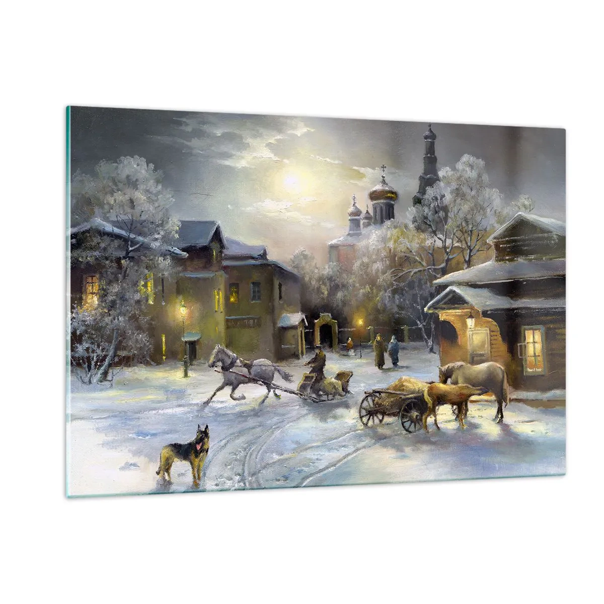 Impression sur verre - Image sur verre - Paysage hivernal d'une ville illuminée par le clair de lune - 120x80cm - La magie de l'hiver russe - Décoration murale moderne pour le salon et la chambre ARTTOR