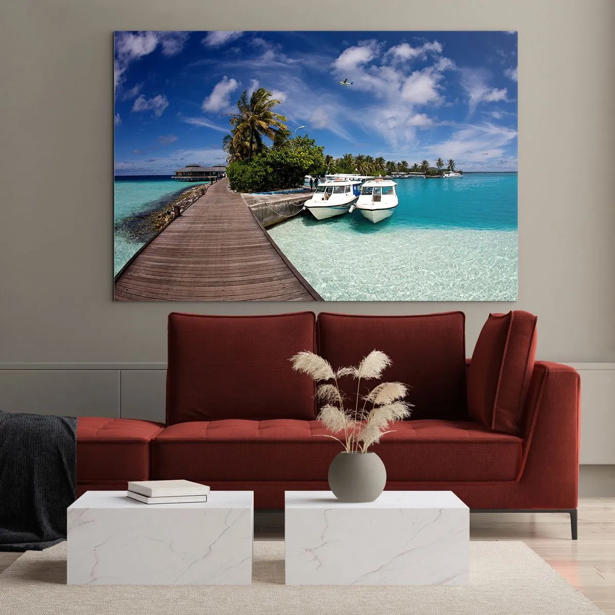 Impression sur verre - Image sur verre - Jetée exotique, bateaux et eau turquoise - 120x80cm - Et cependant, le paradis existe bien - Décoration murale moderne pour le salon et la chambre ARTTOR