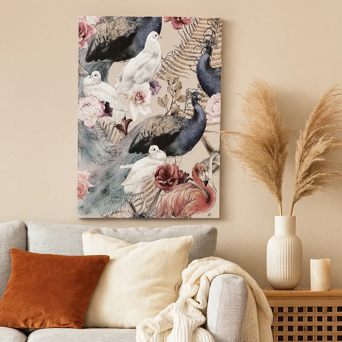 Impression sur toile - Image sur toile - Un paysage avec des plumes de paon, des roses et des oiseaux dans un style romantique. - 50x70cm - Dans un jardin de palace - Décoration murale moderne pour le salon et la chambre ARTTOR