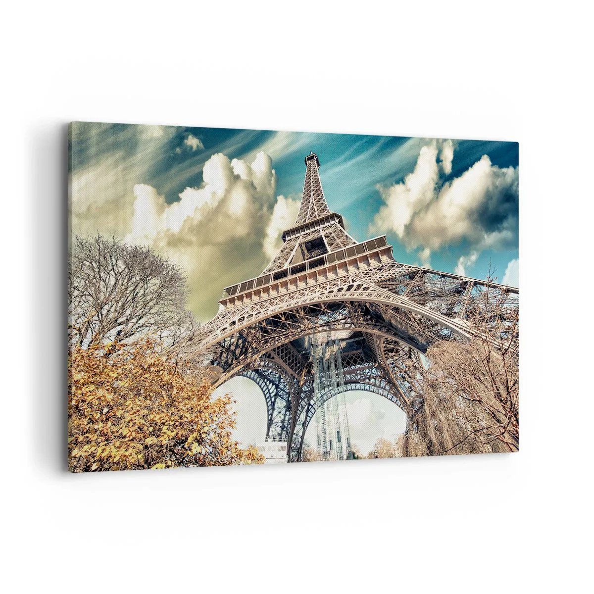 Impression sur toile - Image sur toile - La Tour Eiffel vue d'en bas dans un décor automnal - 120x80cm - Et en automne à Paris... - Décoration murale moderne pour le salon et la chambre ARTTOR