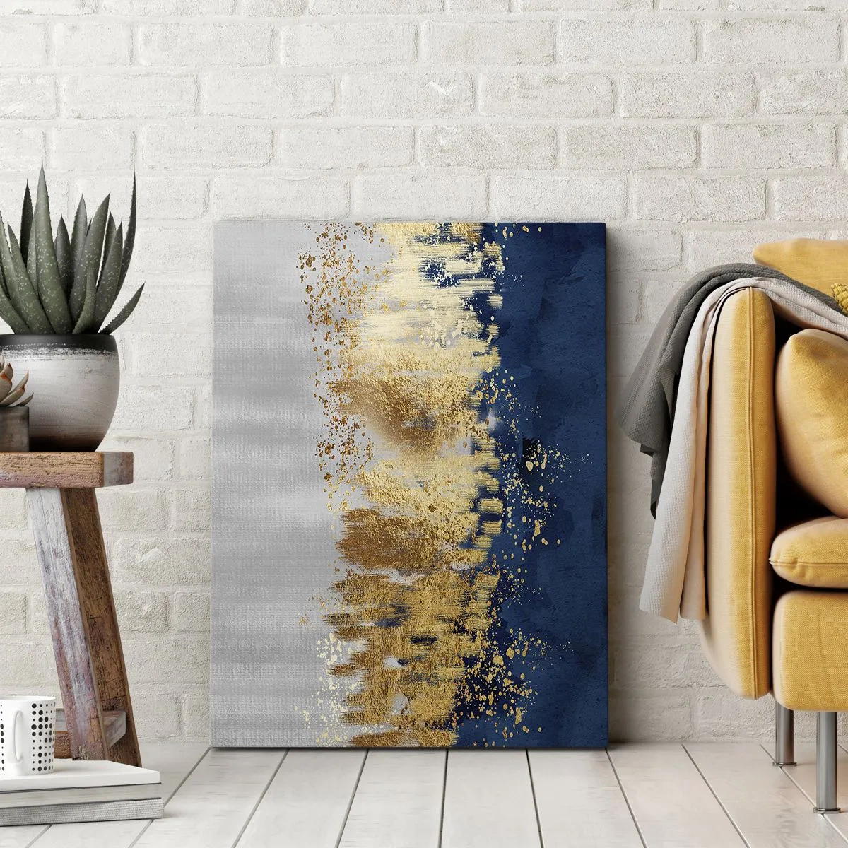 Impression sur toile - Image sur toile - Une composition abstraite dans des tons d'or et de bleu marine. - 70x100cm - Une composition moderne et pétillante - Décoration murale moderne pour le salon et la chambre ARTTOR