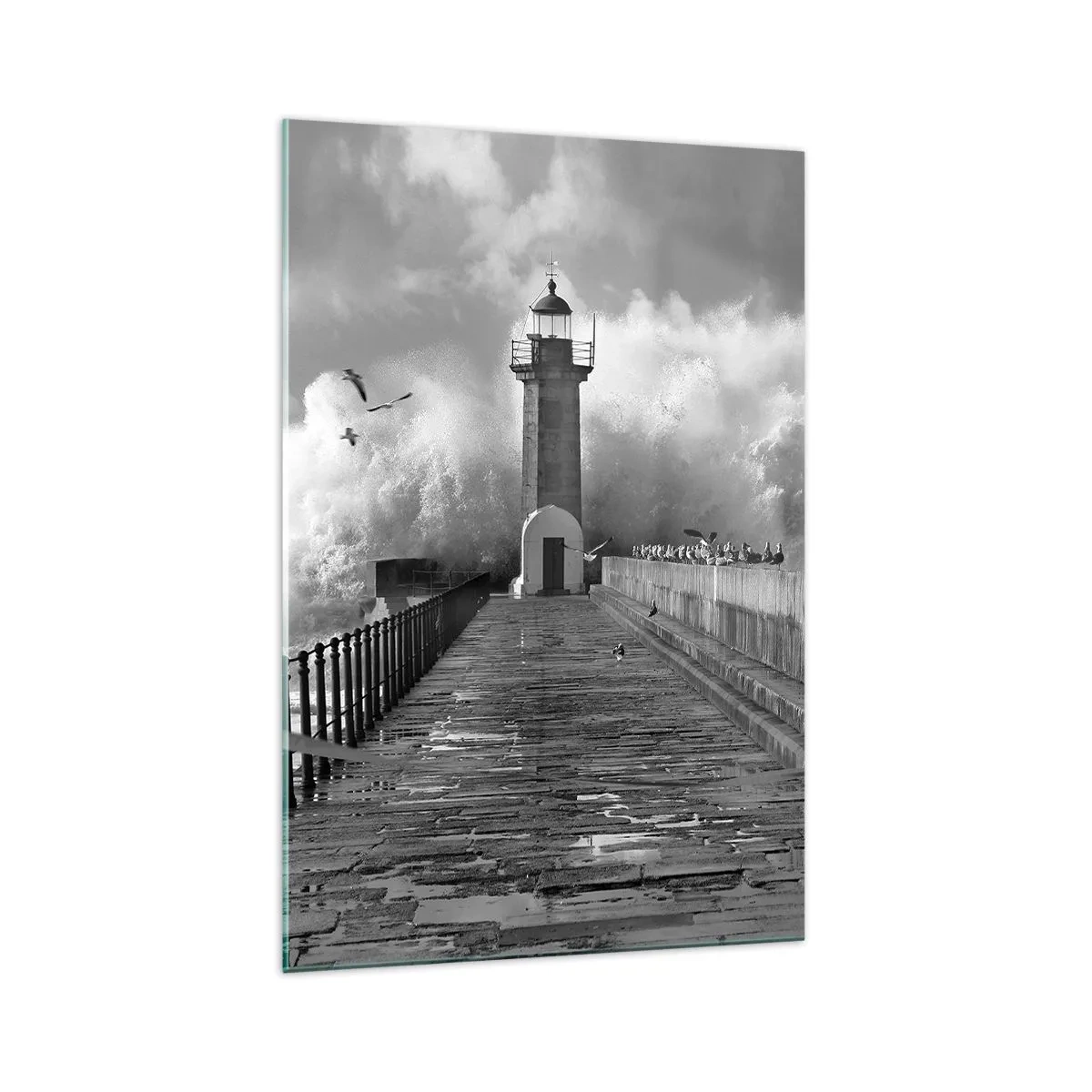 Impression sur verre - Image sur verre - Un phare entouré de vagues pendant une tempête - 70x100cm - Sans peur - Décoration murale moderne pour le salon et la chambre ARTTOR