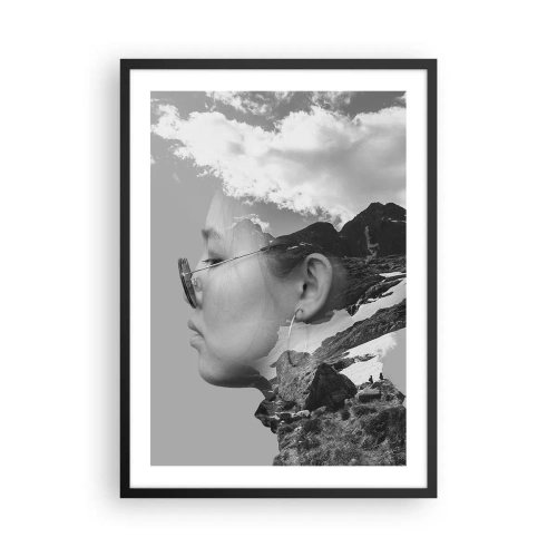 Affiche dans un cadre noir - Poster - Portrait en noir et blanc avec un paysage de montagne et des nuages - 50x70cm - Portrait de montagnes et nuages - Décoration murale moderne pour le salon et la chambre ARTTOR
