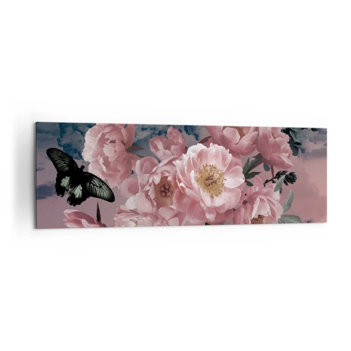 Impression sur toile - Image sur toile - Pivoines roses avec un papillon sur fond pastel - 160x50cm - Pic du romantisme - Décoration murale moderne pour le salon et la chambre ARTTOR