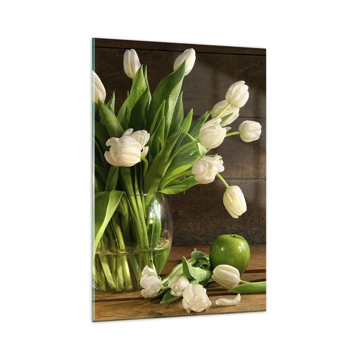 Impression sur verre - Image sur verre - Un bouquet de tulipes blanches dans un vase en verre avec des pommes vertes - 80x120cm - Juteux et frais en vert et blanc - Décoration murale moderne pour le salon et la chambre ARTTOR