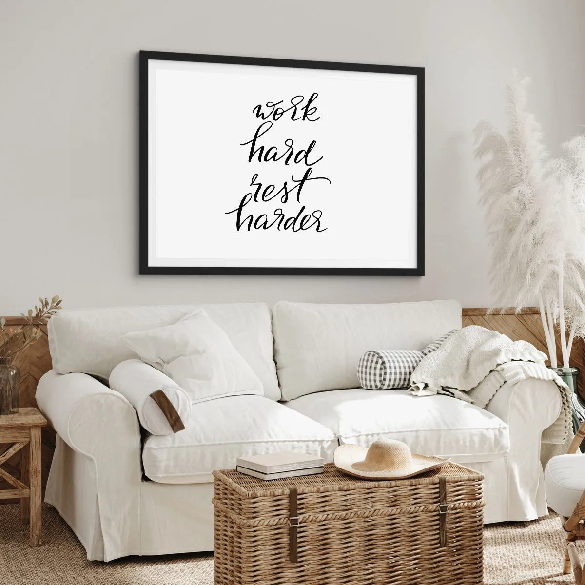 Affiche dans un cadre noir - Poster - Citation « Travaillez dur, reposez-vous plus dur » sur fond blanc - 100x70cm - Équilibre de vie - Décoration murale moderne pour le salon et la chambre ARTTOR