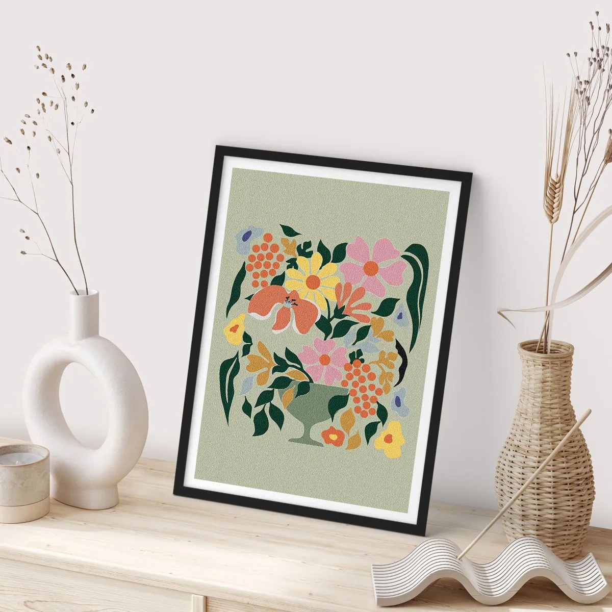 Affiche dans un cadre noir - Poster - Une composition florale colorée dans un vase décoratif sur fond vert - 50x70cm - Un bouquet plein de vie - Décoration murale moderne pour le salon et la chambre ARTTOR