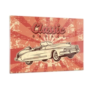 Impression sur verre - Image sur verre - Graphique rétro d'une voiture classique sur fond de rayons - 120x80cm - Et à la radio, Elvis - Décoration murale moderne pour le salon et la chambre ARTTOR