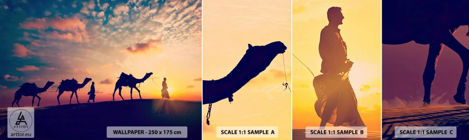 Échantillon de Papier Peint Autocollant Deluxe Sticker - L'esprit mystérieux de l'Orient - Paysage, Désert, chameau - 100x30 cm