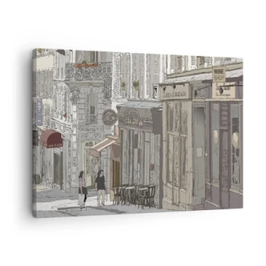 Impression sur toile - Image sur toile - Illustration d'une rue de la ville avec des cafés et des magasins - 70x50cm - Joie de la ville - Décoration murale moderne pour le salon et la chambre ARTTOR