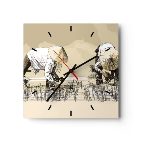 Horloge murale - Pendule murale - Des agriculteurs travaillant dans une rizière portant des coiffures traditionnelles - 30x30cm - Récolte réussie - Décoration murale moderne pour le salon et la chambre ARTTOR