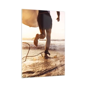 Impression sur verre - Image sur verre - Un surfeur court avec sa planche le long de la plage au coucher du soleil. - 50x70cm - A la rencontre des vagues - Décoration murale moderne pour le salon et la chambre ARTTOR