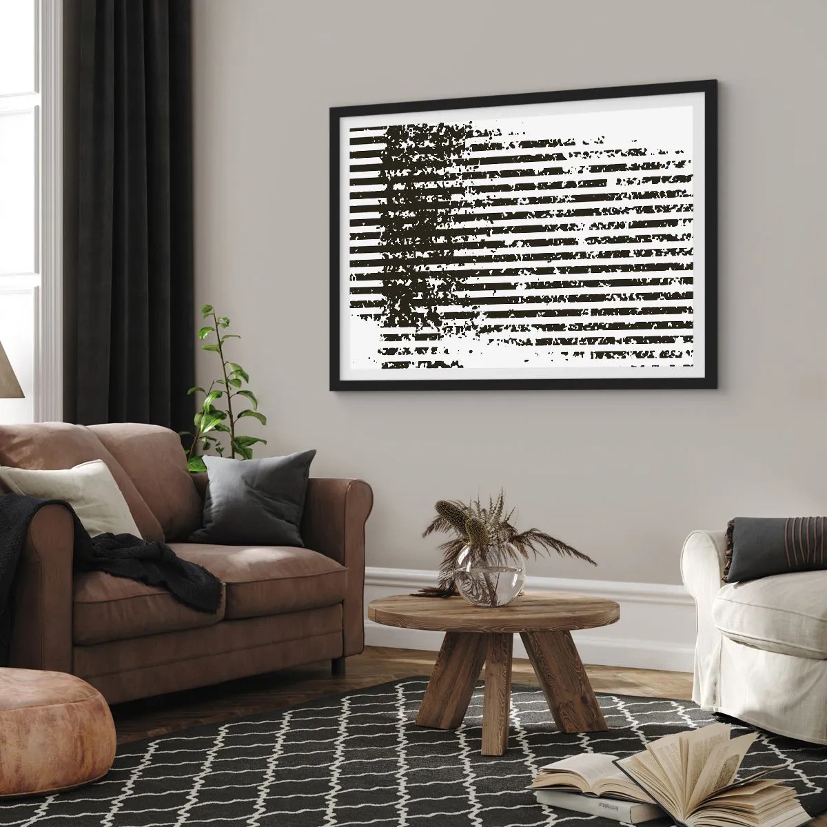 Affiche dans un cadre noir - Poster - Lignes abstraites avec un effet vieilli en noir et blanc - 70x50cm - Rythme et bruissement - Décoration murale moderne pour le salon et la chambre ARTTOR
