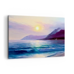 Impression sur toile - Image sur toile - Un paysage marin pittoresque au coucher du soleil avec des vagues et des montagnes - 120x80cm - Cristal d'eau et d'air - Décoration murale moderne pour le salon et la chambre ARTTOR