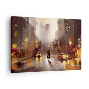 Impression sur toile - Image sur toile - Une scène urbaine la nuit à la lumière des lampadaires et des reflets sur une rue mouillée. - 70x50cm - Dans les lumières de New-York - Décoration murale moderne pour le salon et la chambre ARTTOR