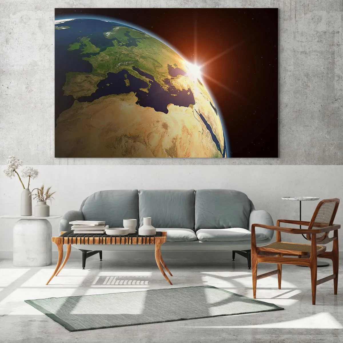 Impression sur verre - Image sur verre - La Terre illuminée par le soleil levant depuis l'espace - 120x80cm - Lever de soleil - Décoration murale moderne pour le salon et la chambre ARTTOR