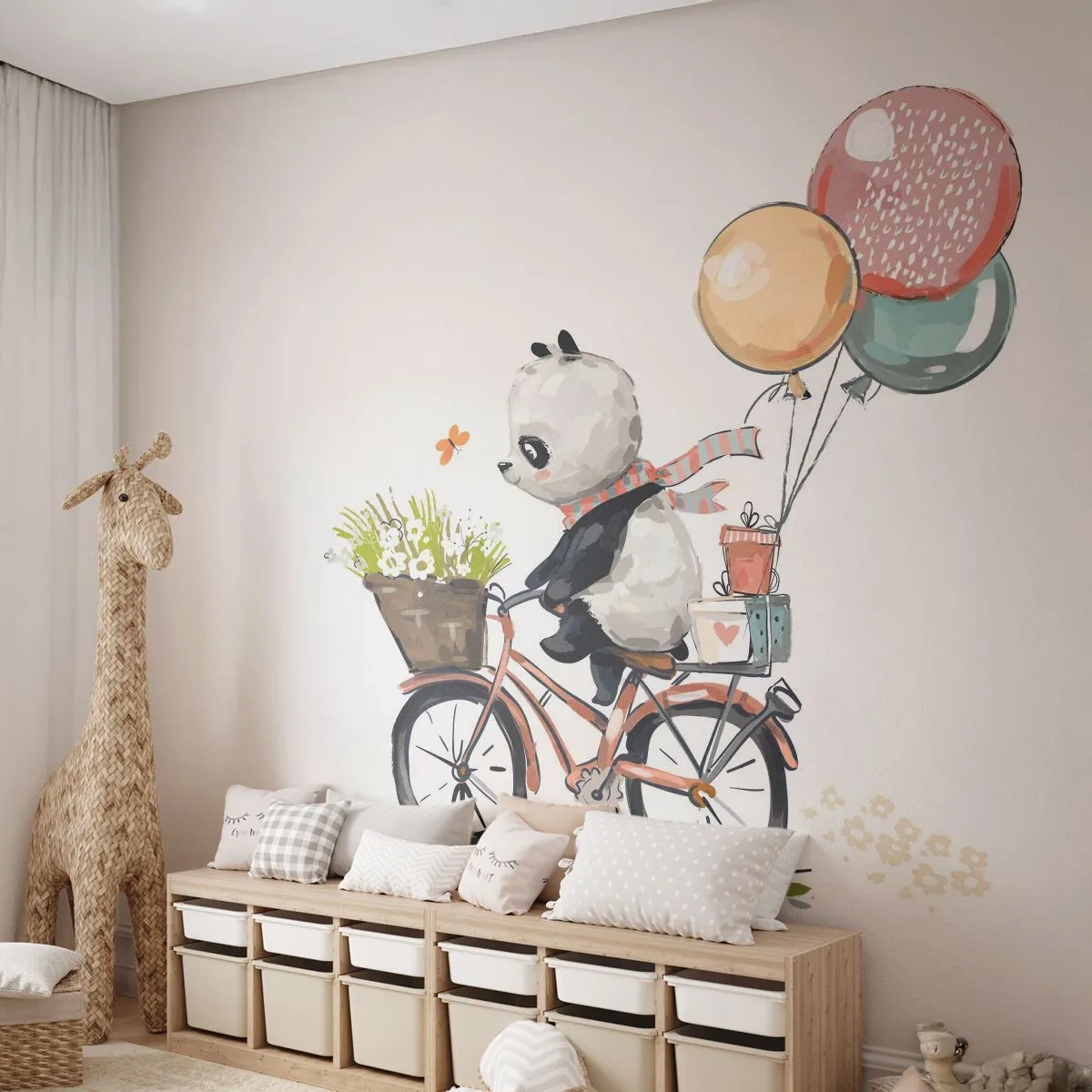 Papier Peint Photo Premium Sand - Illustration d'un panda faisant du vélo avec des ballons - 100x70cm - Jour de chance - Décoration murale moderne pour le salon et la chambre ARTTOR