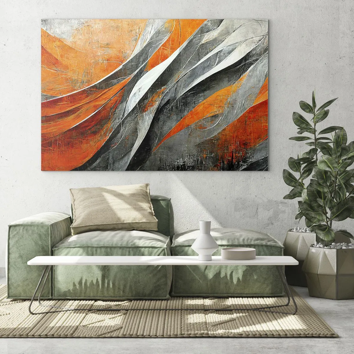 Impression sur verre - Image sur verre - Des stries abstraites dans des tons orange et gris - 120x80cm - Chaleur et froid - Décoration murale moderne pour le salon et la chambre ARTTOR